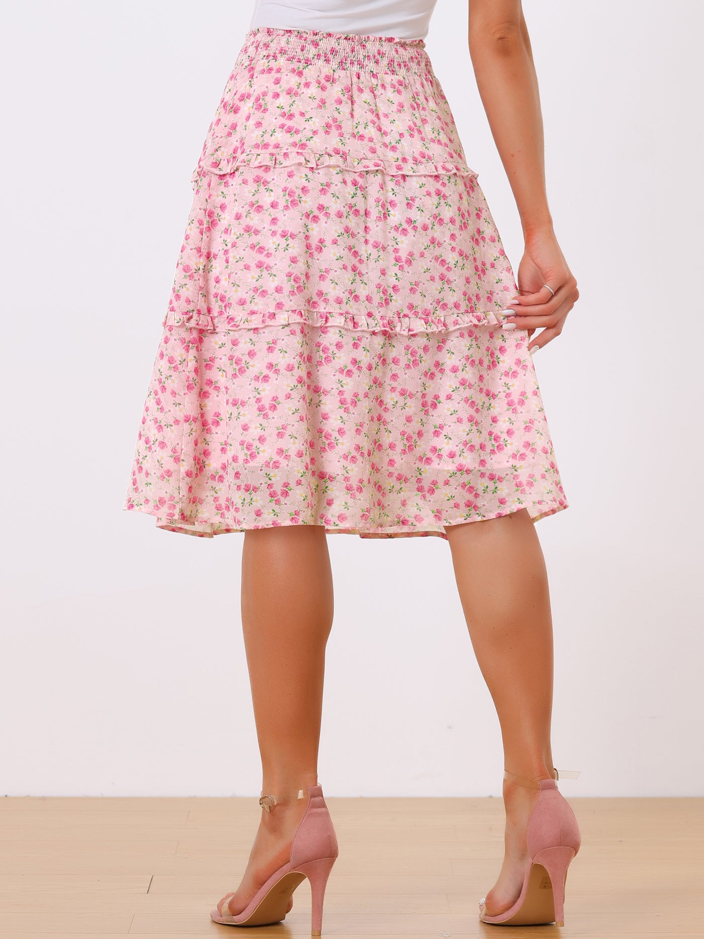 Allegra K Floral Smocked Elastic Waist Knee Length Ruffle Tiered Skirt