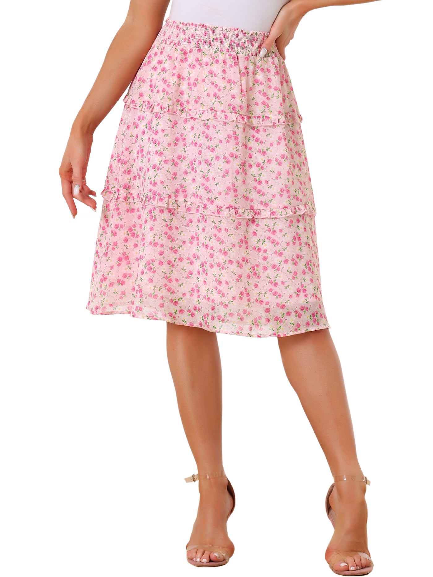 Allegra K Floral Smocked Elastic Waist Knee Length Ruffle Tiered Skirt