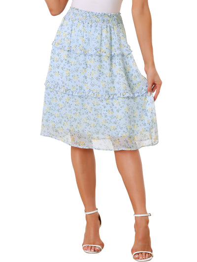 Floral Smocked Elastic Waist Knee Length Ruffle Tiered Skirt