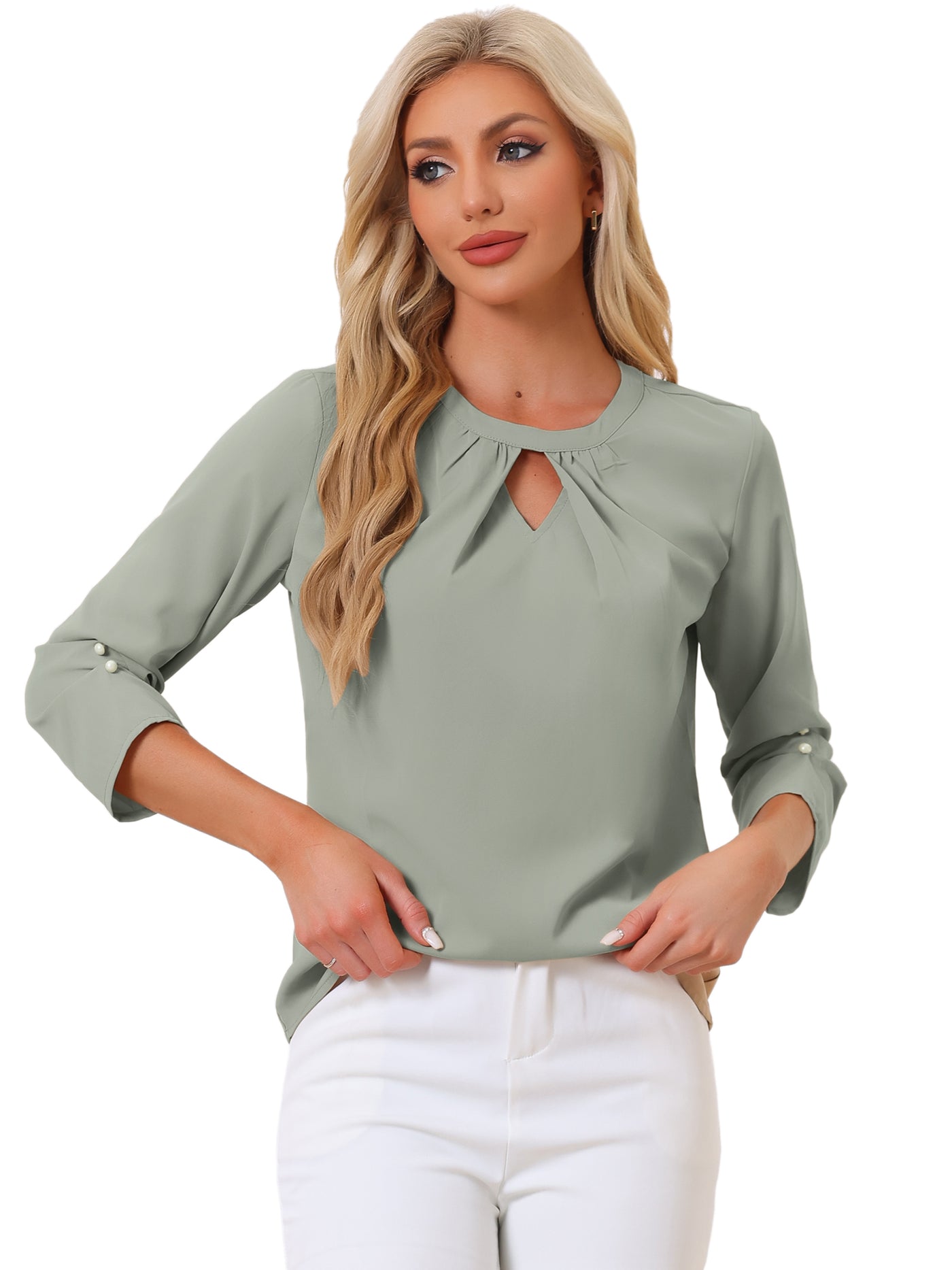 Allegra K Office Keyhole Pleated Front Ruched 3/4 Sleeve Chiffon Blouse