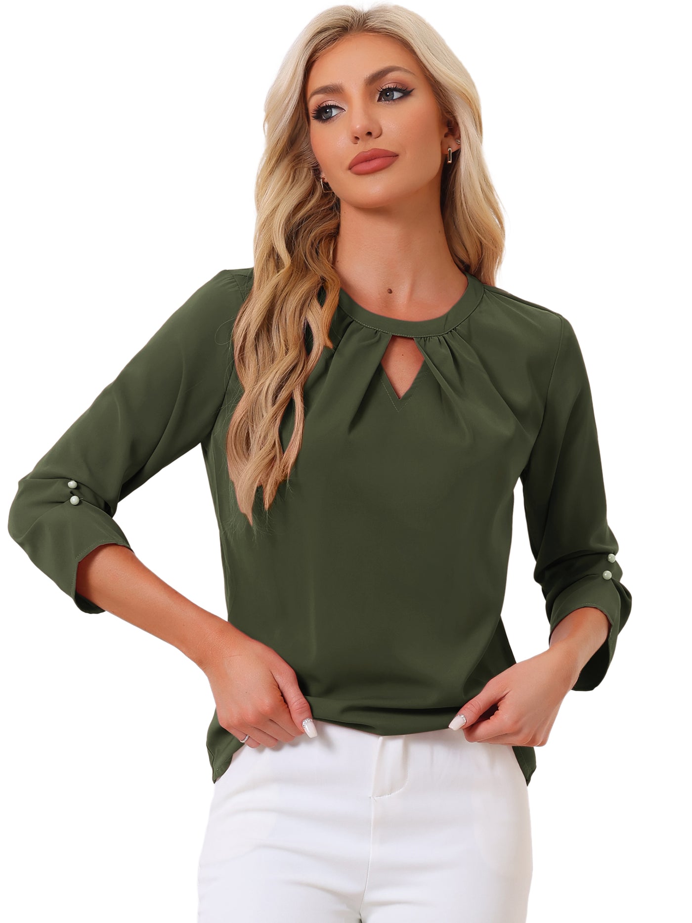 Allegra K Office Keyhole Pleated Front Ruched 3/4 Sleeve Chiffon Blouse