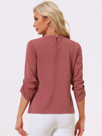 Office Keyhole Pleated Front Ruched 3/4 Sleeve Chiffon Blouse