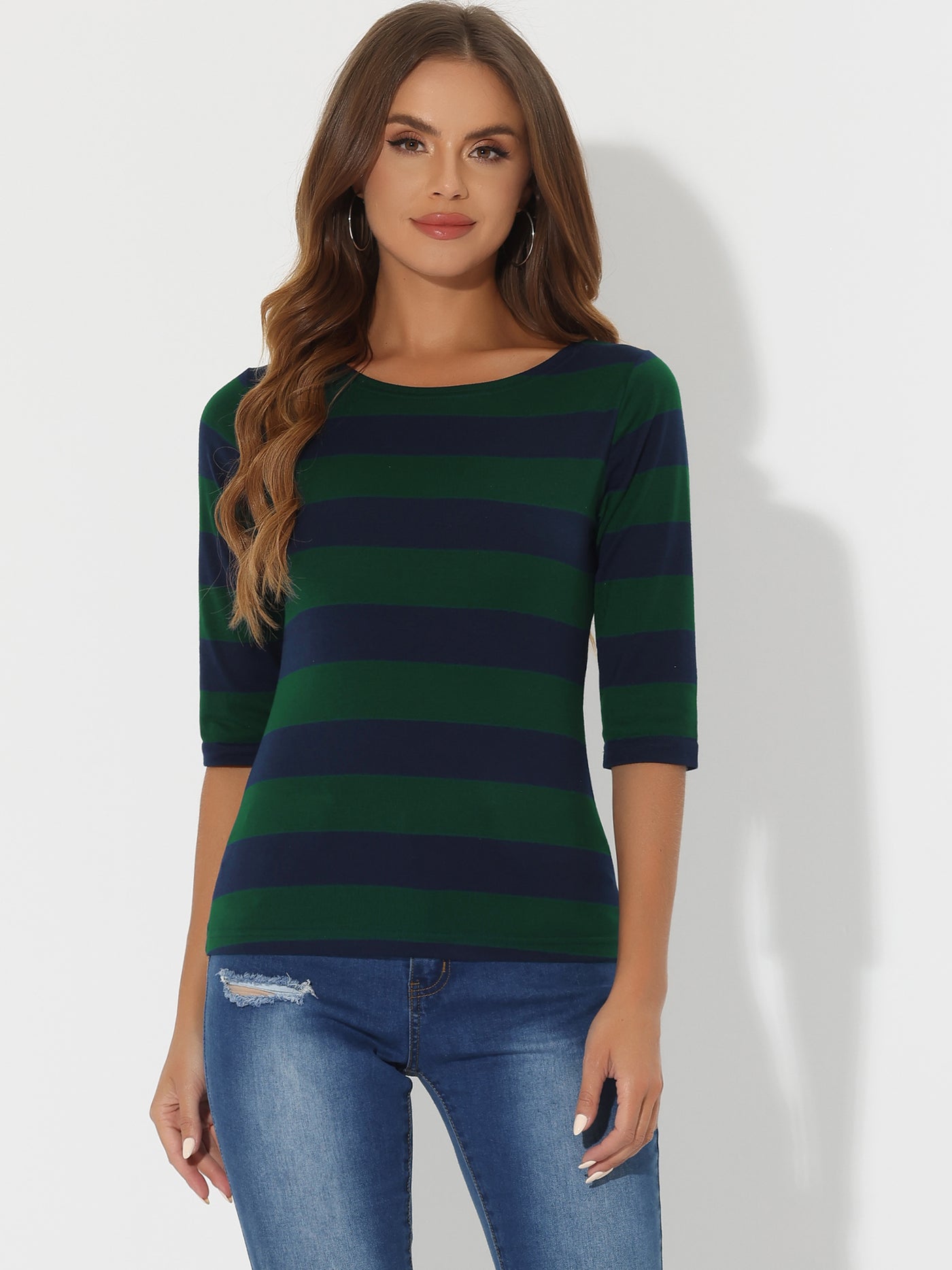 Allegra K Striped Elbow Sleeve Casual Basic Boat Neck T-shirt