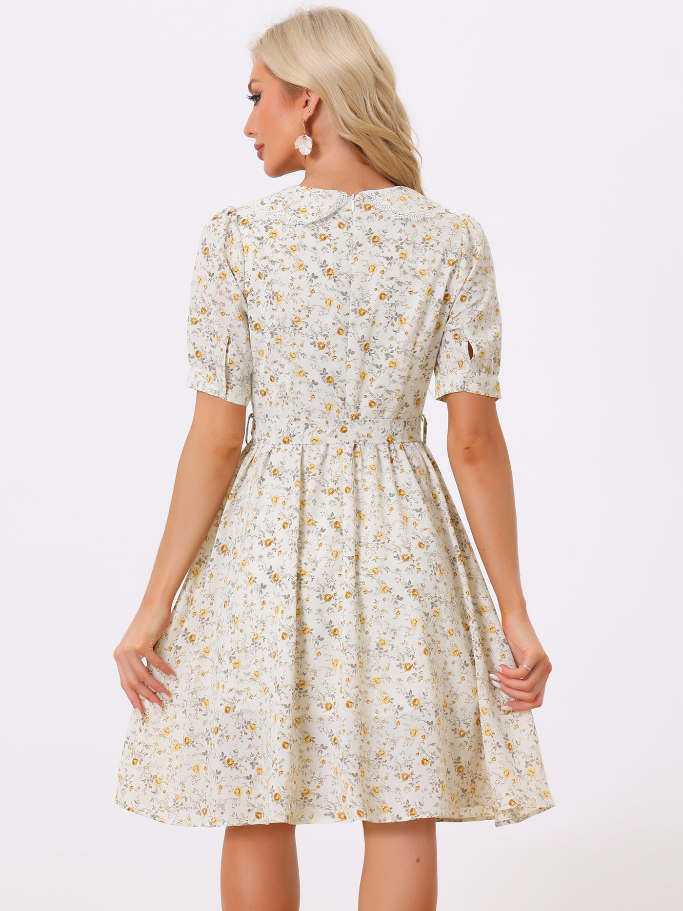 Allegra K Retro Floral Peter Pan Collar High Waist Puff Sleeve Flowy Midi Dress