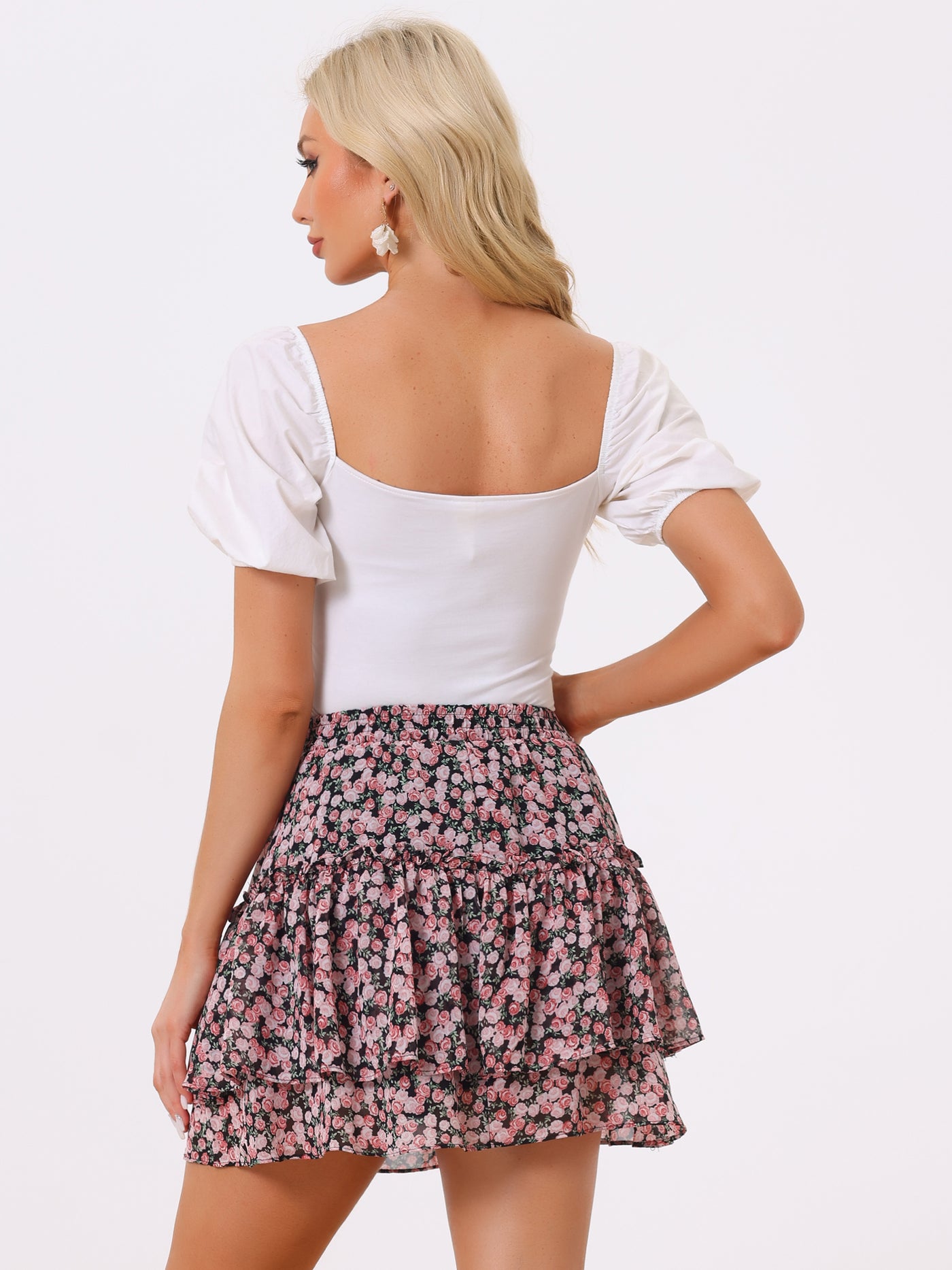 Allegra K Floral Tiered Ruffle Cute Summer Flowy Chiffon Mini Skirt