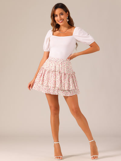 Floral Tiered Ruffle Cute Summer Flowy Chiffon Mini Skirt