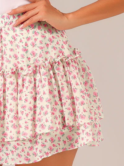 Floral Tiered Ruffle Cute Summer Flowy Chiffon Mini Skirt