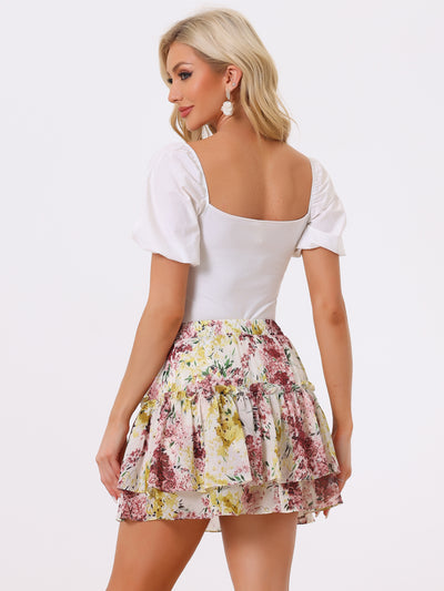 Floral Tiered Ruffle Cute Summer Flowy Chiffon Mini Skirt