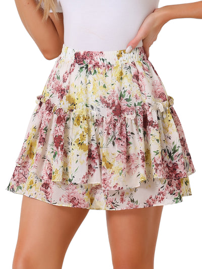 Floral Tiered Ruffle Cute Summer Flowy Chiffon Mini Skirt