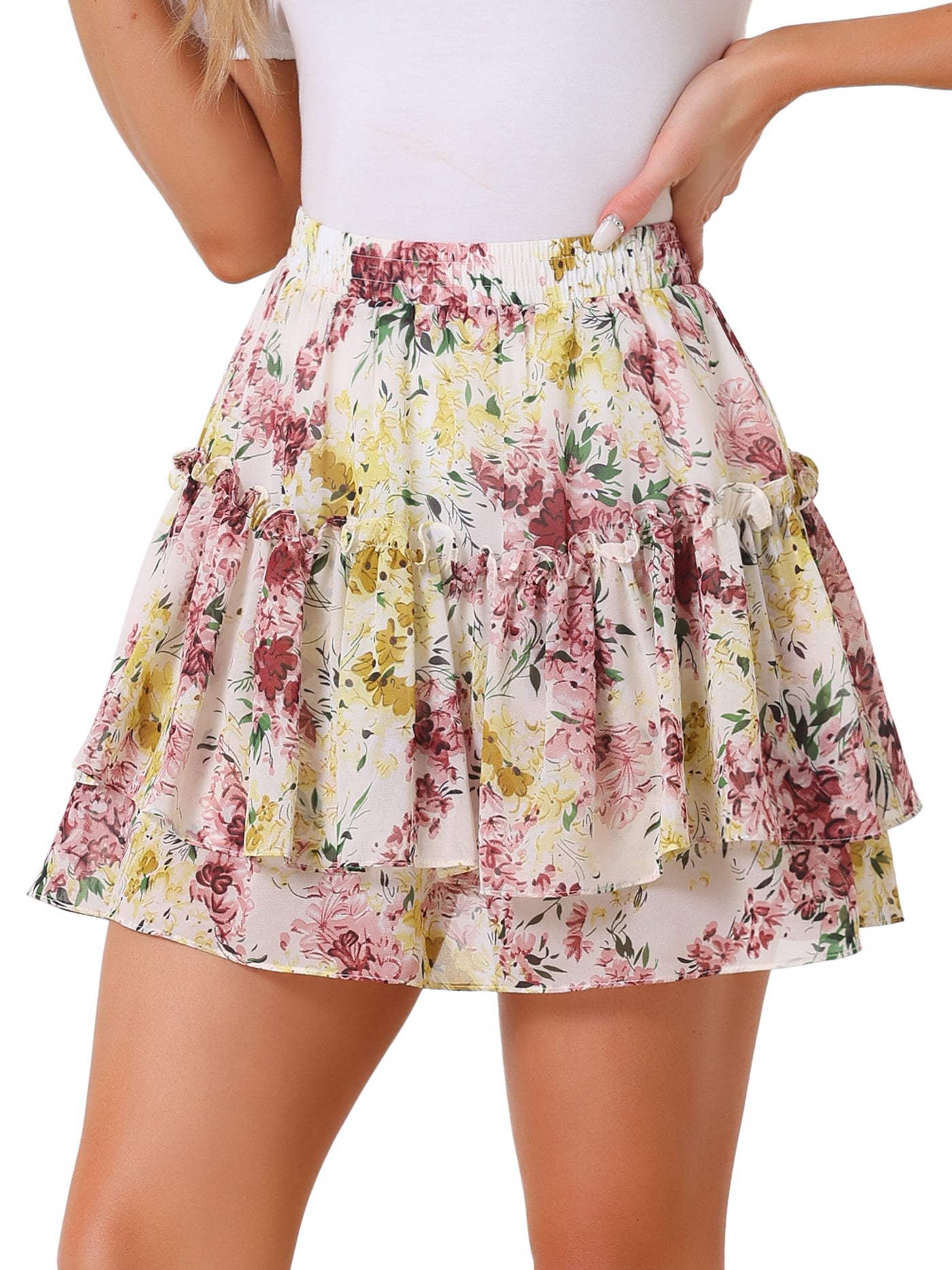 Allegra K Floral Tiered Ruffle Cute Summer Flowy Chiffon Mini Skirt