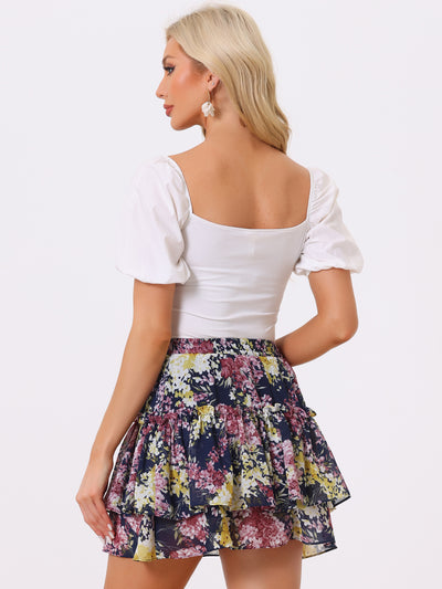 Floral Tiered Ruffle Cute Summer Flowy Chiffon Mini Skirt