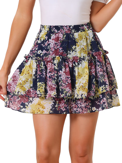 Floral Tiered Ruffle Cute Summer Flowy Chiffon Mini Skirt