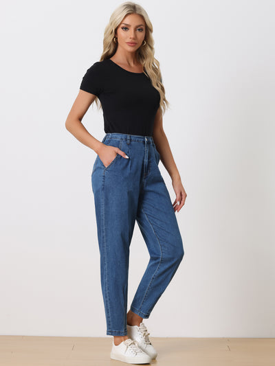 High Elastic Waist Casual Denim Pants Taper Jeans