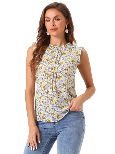 Ruffled Floral Casual 1950s Retro Sleeveless Blouses