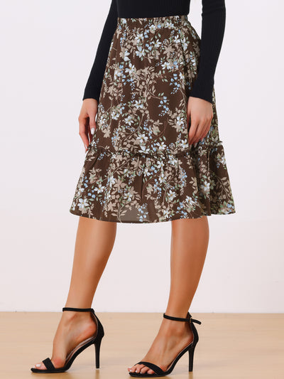 Ruffle Hem Elastic Waist Flowy A-Line Swing Floral Midi Skirt