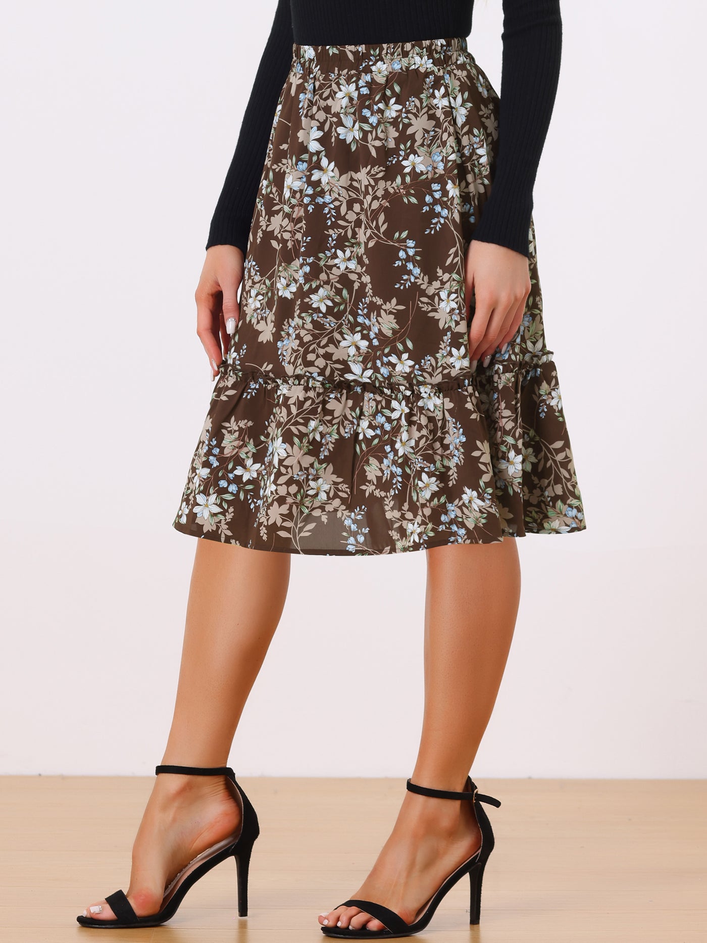 Allegra K Ruffle Hem Elastic Waist Flowy A-Line Swing Floral Midi Skirt