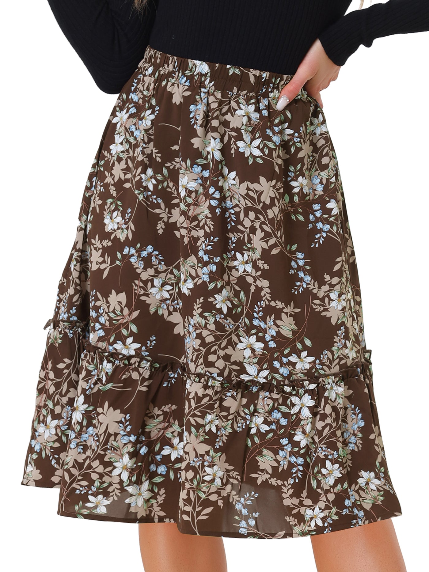 Allegra K Ruffle Hem Elastic Waist Flowy A-Line Swing Floral Midi Skirt