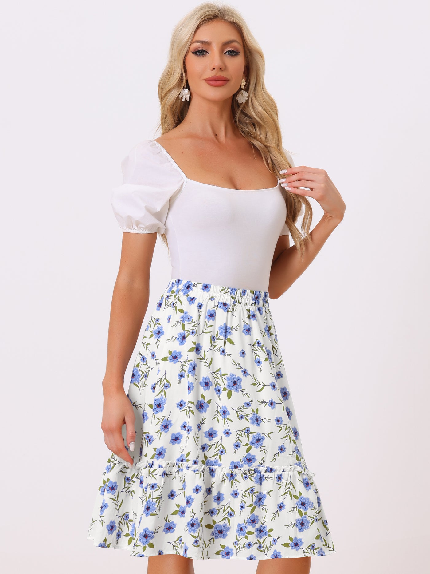 Allegra K Ruffle Hem Elastic Waist Flowy A-Line Swing Floral Midi Skirt