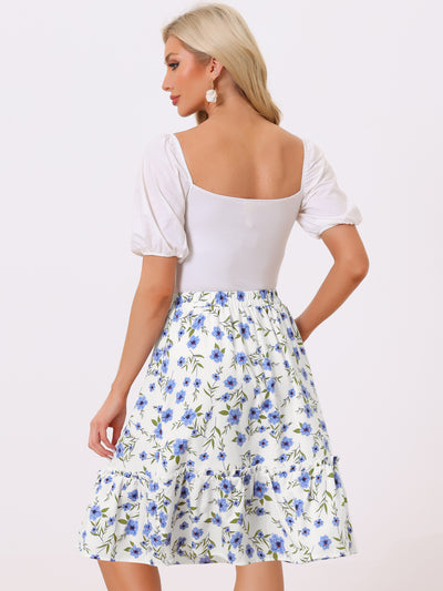 Ruffle Hem Elastic Waist Flowy A-Line Swing Floral Midi Skirt