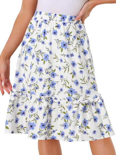 Ruffle Hem Elastic Waist Flowy A-Line Swing Floral Midi Skirt