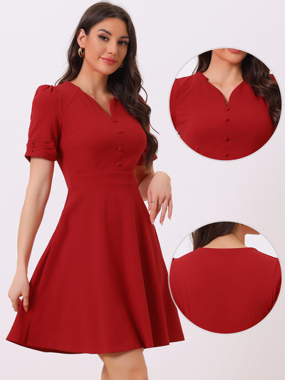 Elegant Short Puff Sleeve V Neck A-Line Zipper Side Office Dress