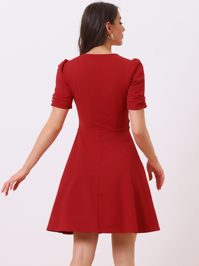 Elegant Short Puff Sleeve V Neck A-Line Zipper Side Office Dress