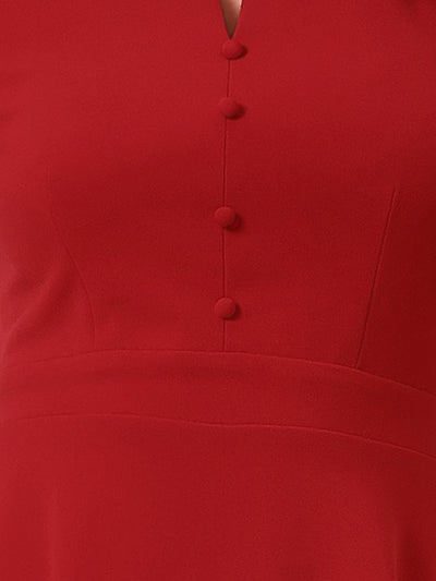 Elegant Short Puff Sleeve V Neck A-Line Zipper Side Office Dress