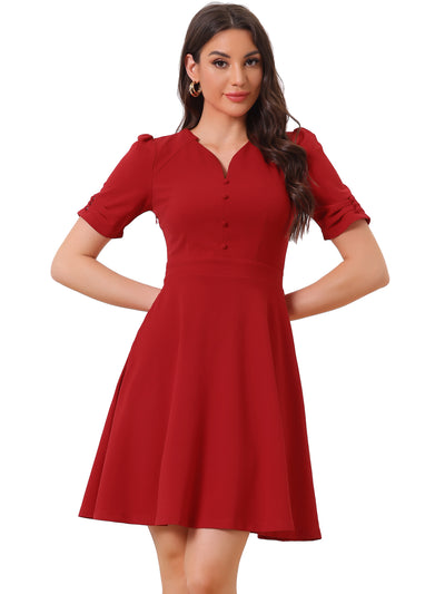 Elegant Short Puff Sleeve V Neck A-Line Zipper Side Office Dress