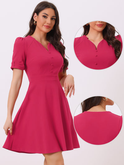 Elegant Short Puff Sleeve V Neck A-Line Zipper Side Office Dress