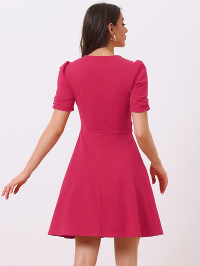 Elegant Short Puff Sleeve V Neck A-Line Zipper Side Office Dress