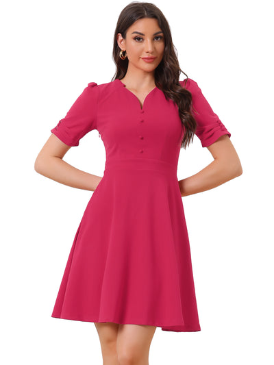 Elegant Short Puff Sleeve V Neck A-Line Zipper Side Office Dress