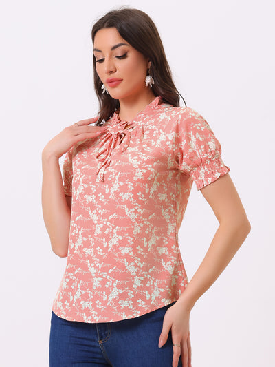 Ruffle Tie V Neck Casual Smocked Short Sleeve Floral Top Blouse