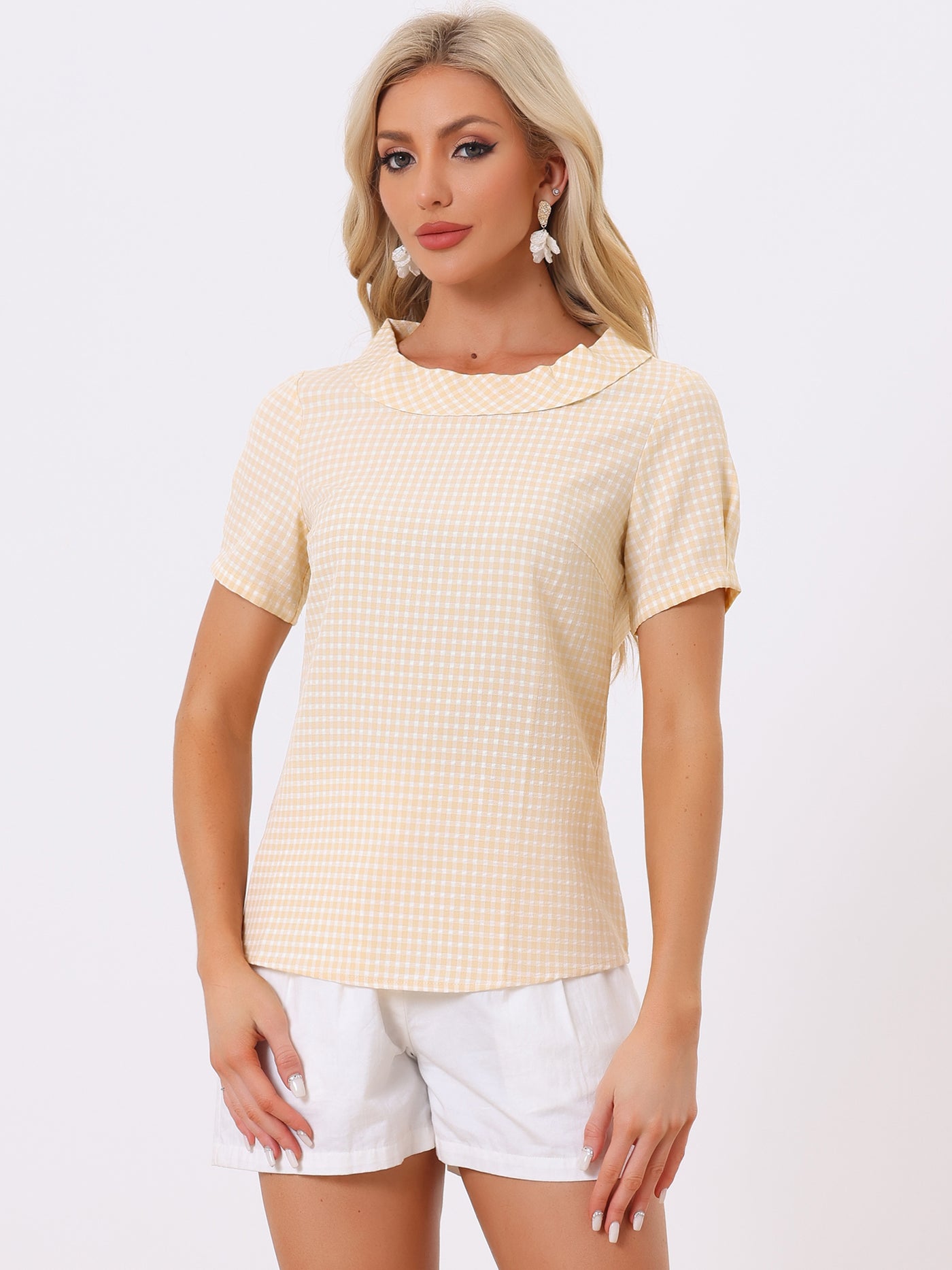 Allegra K 1950s Round Collar Short Sleeve Gingham Tops