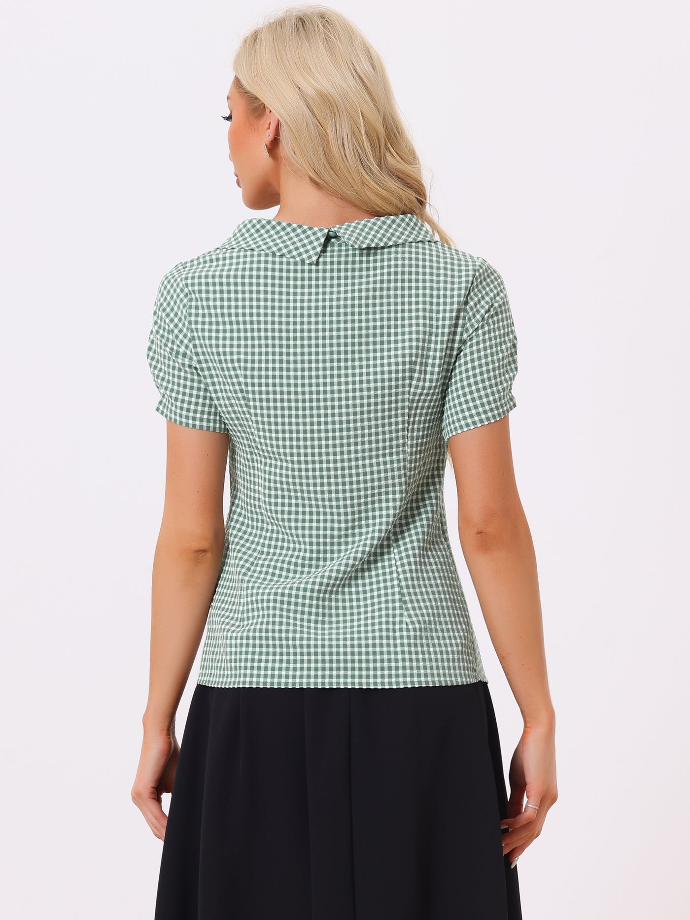 Allegra K 1950s Round Collar Short Sleeve Gingham Tops