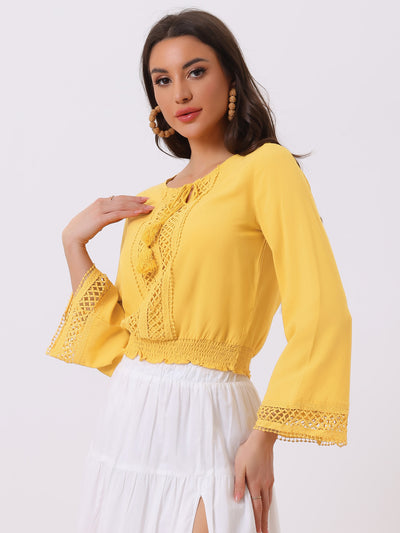 Boho Beach Blouse Bell Sleeve Lace Trim Tie Neck Peasant Smocked Top