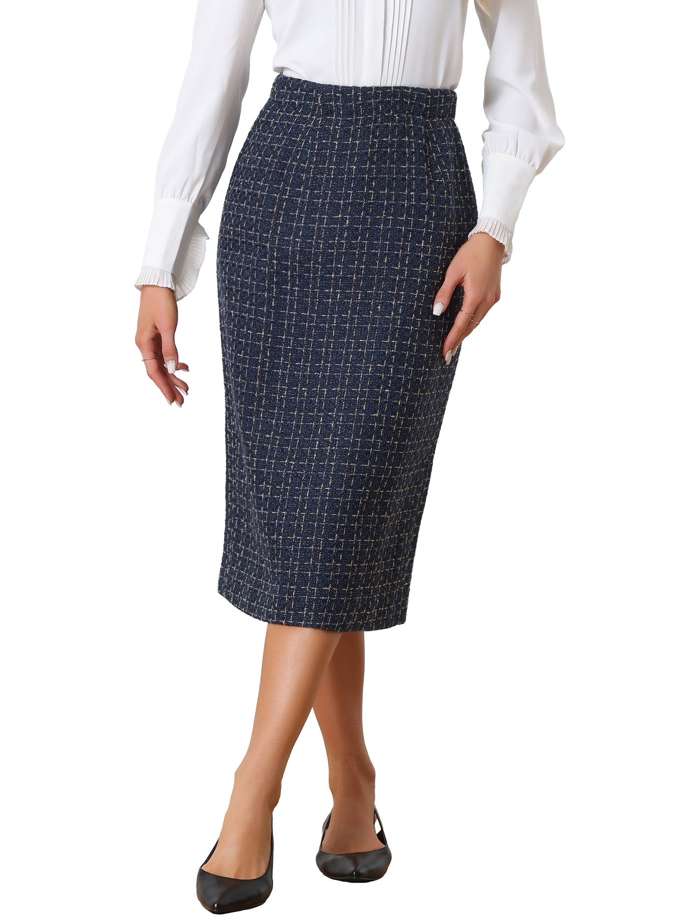 Allegra K Plaid Tweed High Waist Work Office Bodycon Pencil Midi Skirt