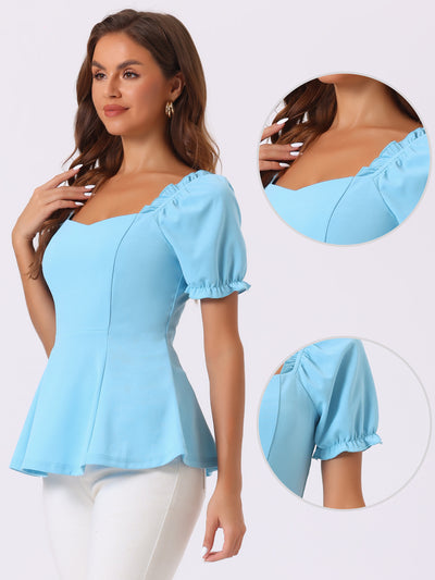 Ruffles Sweetheart Neck Puff Sleeve Peplum Blouse