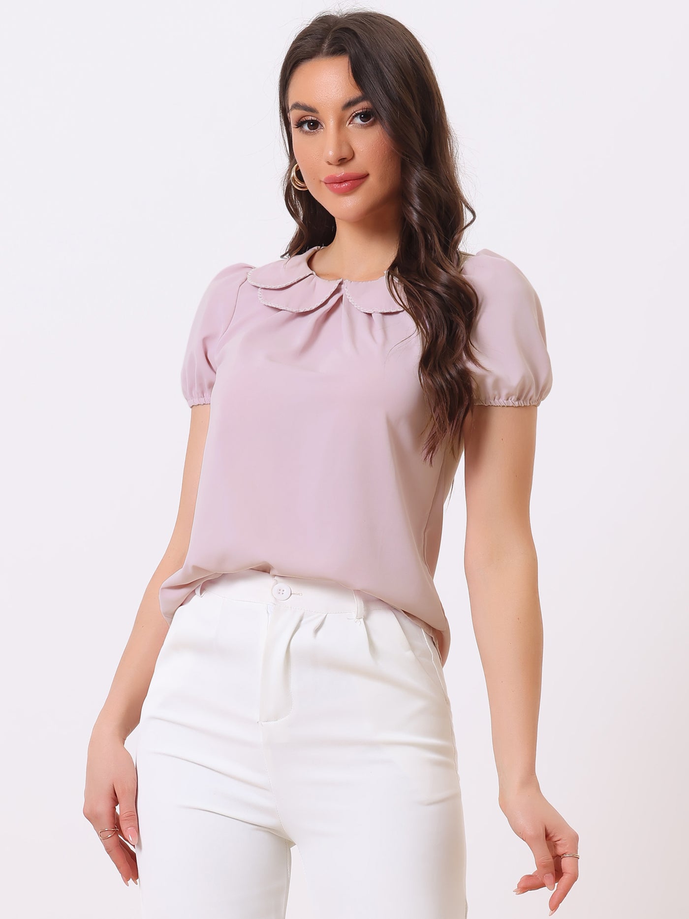 Allegra K Puff Sleeve Tops Peter Pan Collar Blouse