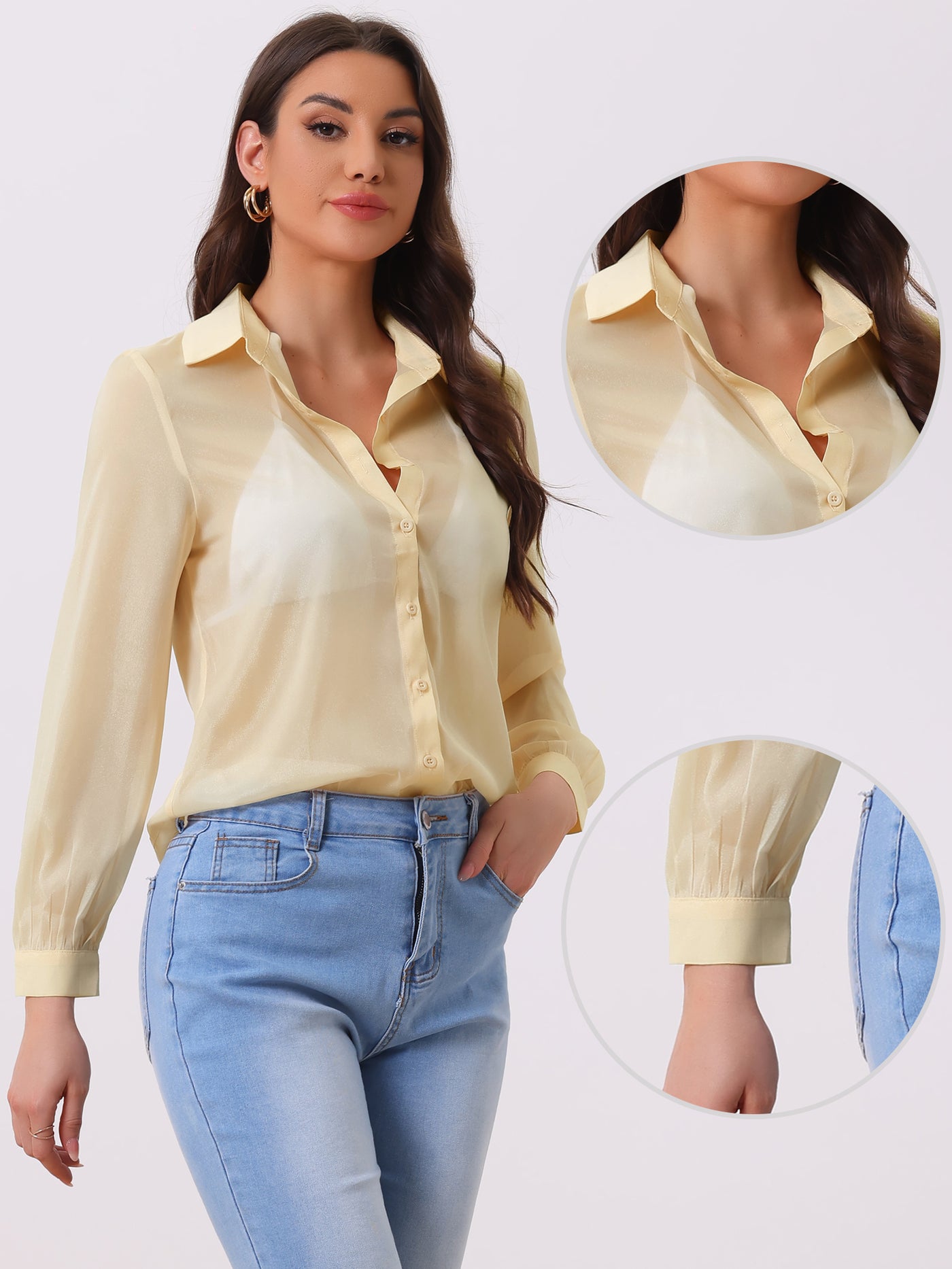 Allegra K Sheer Button Up Blouse See Through Mesh Long Sleeve Shirt Tops