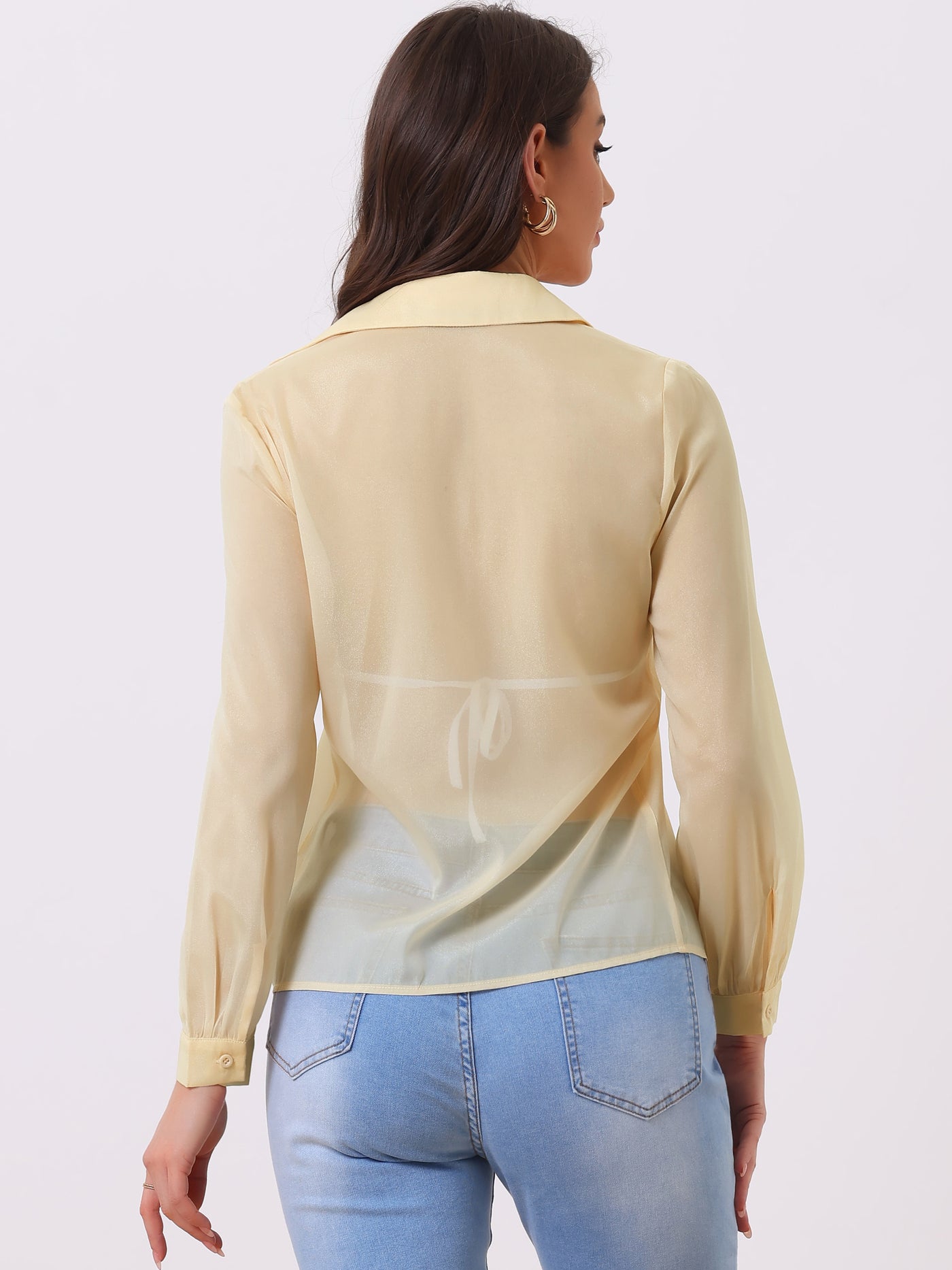 Allegra K Sheer Button Up Blouse See Through Mesh Long Sleeve Shirt Tops