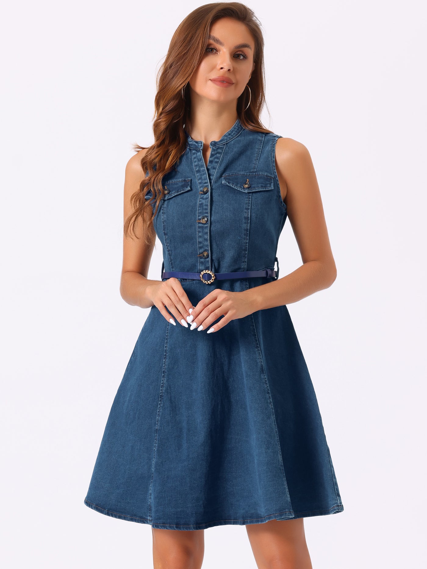 Allegra K Denim Sleeveless V Neck Belted Flared Casual Jean Shirt Dress