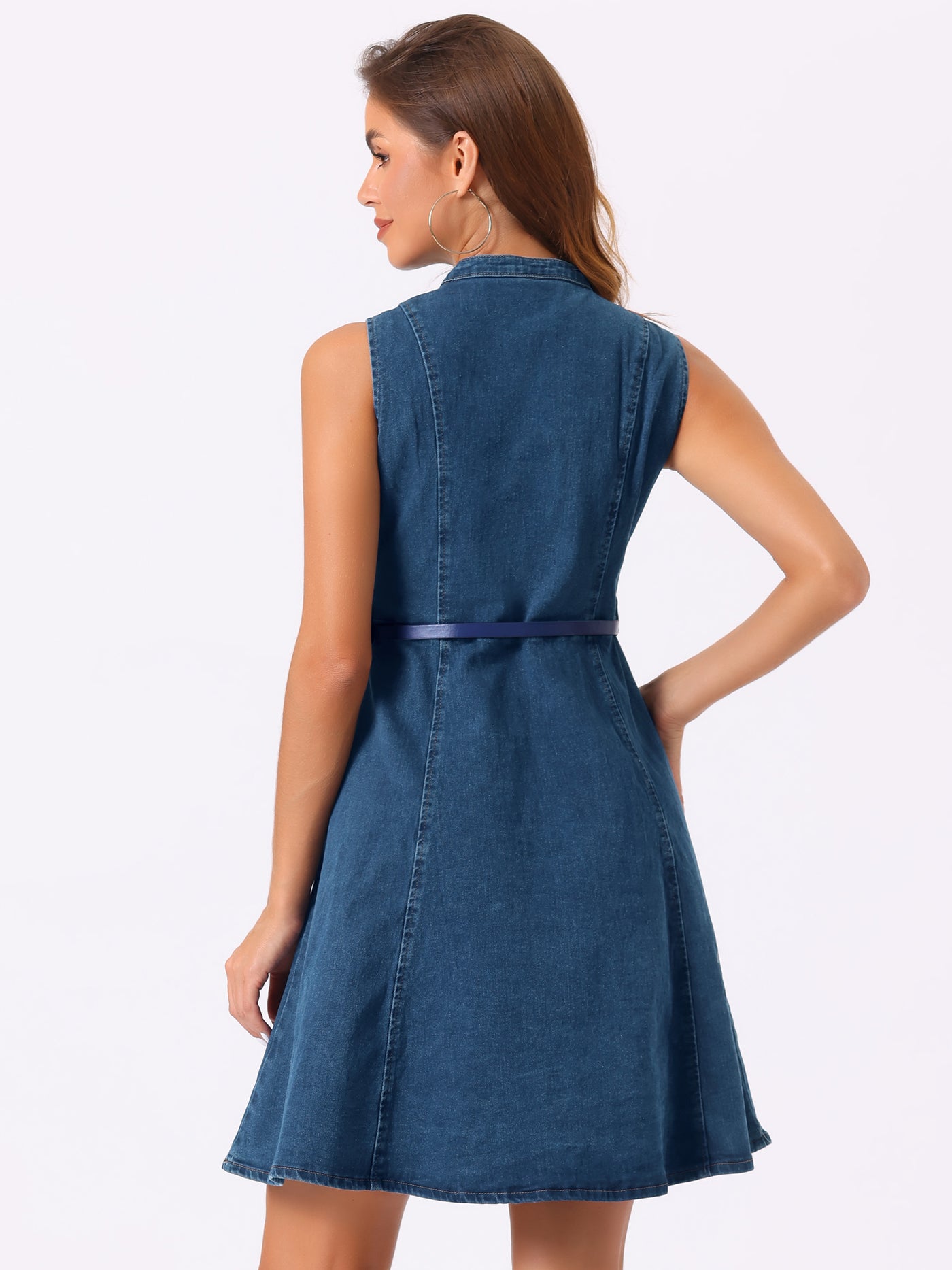 Allegra K Denim Sleeveless V Neck Belted Flared Casual Jean Shirt Dress