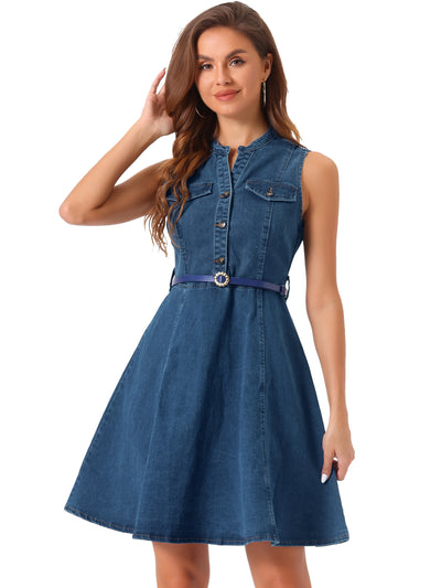 Denim Sleeveless V Neck Belted Flared Casual Jean Shirt Dress