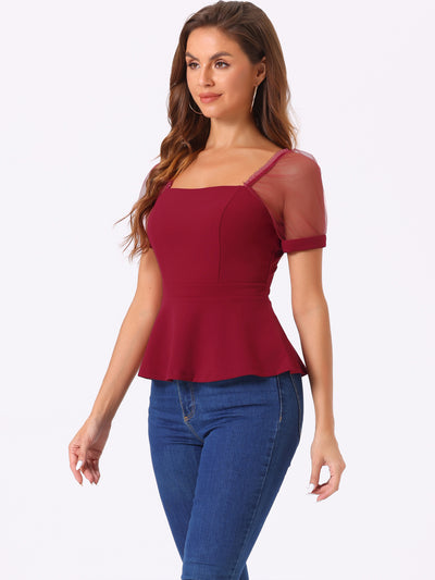 Square Neck Mesh Sheer Sleeve Peplum Tops