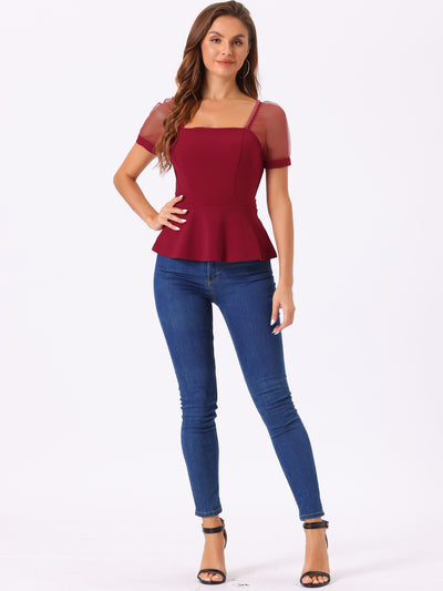 Square Neck Mesh Sheer Sleeve Peplum Tops