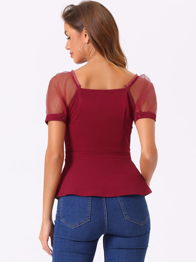 Square Neck Mesh Sheer Sleeve Peplum Tops