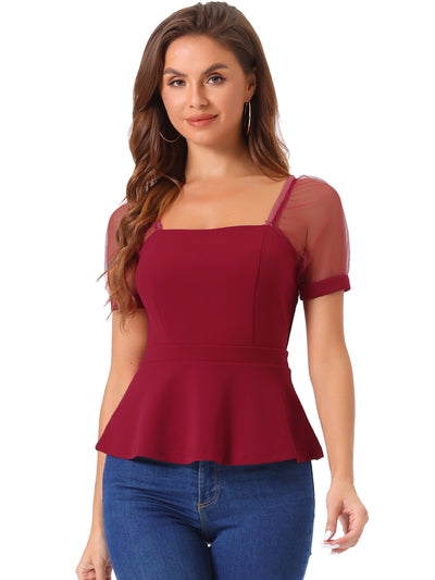 Square Neck Mesh Sheer Sleeve Peplum Tops