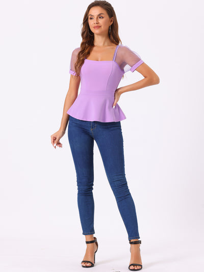 Square Neck Mesh Sheer Sleeve Peplum Tops