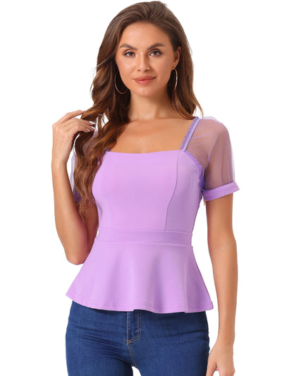 Square Neck Mesh Sheer Sleeve Peplum Tops