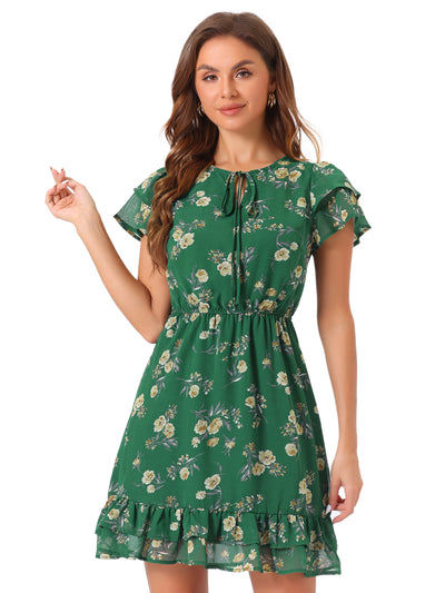 Ruffle Sleeve Self-Tie V Neck Above Knee A-Line Floral Chiffon Dress